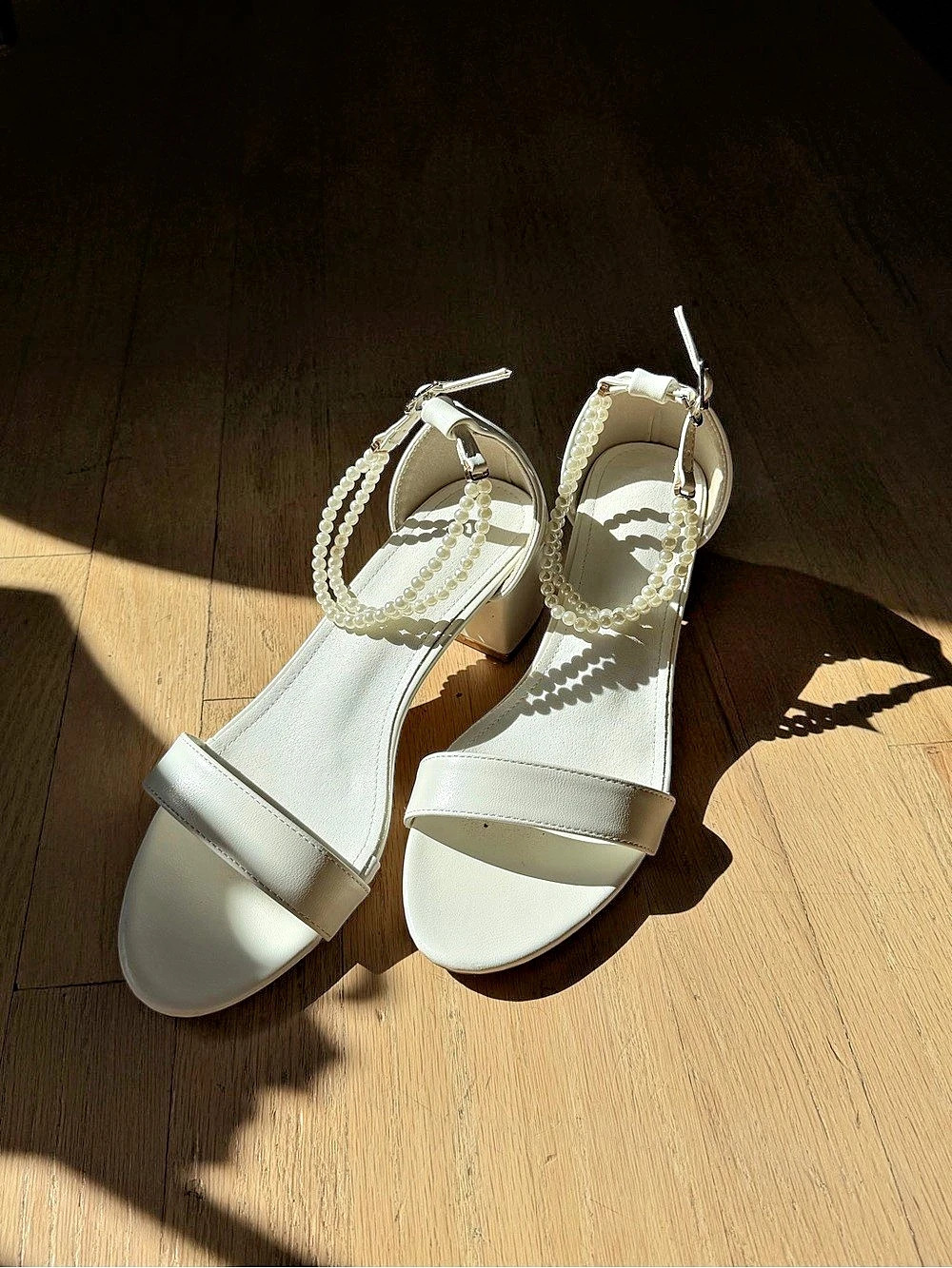Pearl Strap Bridal Block Heel Sandals in White - Worn once